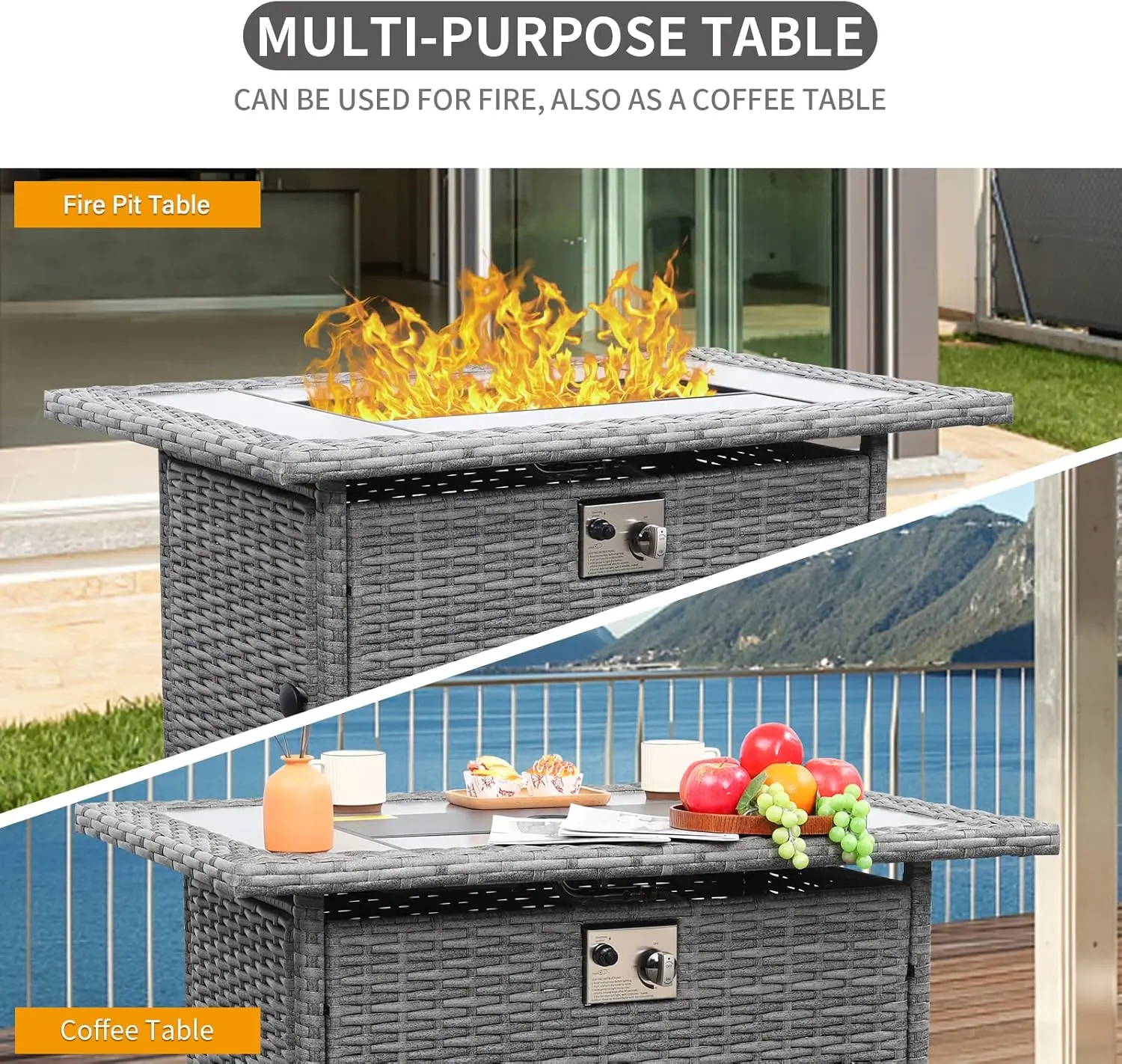 60000 BTU Wicker Gas Pit Outdoor Fire Pit Table 45 Inch Pits for Outside with Woodgrain Marble Tabletop Fire Pit Cover