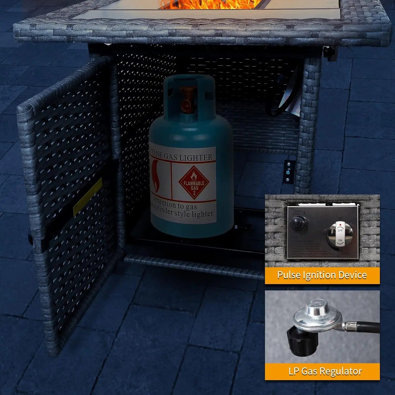 60000 BTU Wicker Gas Pit Outdoor Fire Pit Table 45 Inch Pits for Outside with Woodgrain Marble Tabletop Fire Pit Cover