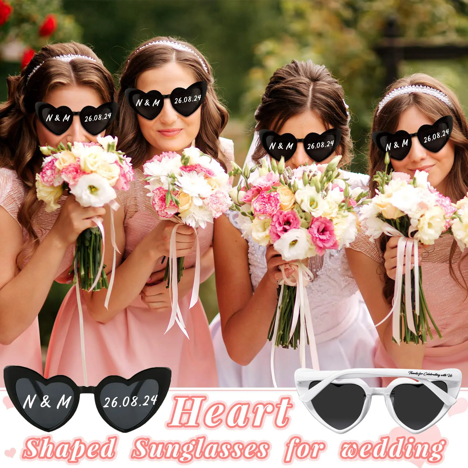 24-120Pcs Custom Heart Sunglasses Personalised Wedding Sunglasses Bridal Party Favors for Guest Wedding Date Initials Custom