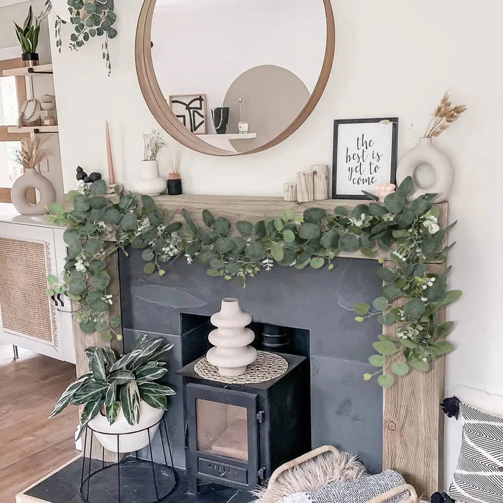 1pc Artificial Eucalyptus Leaves Greenery Garland Faux Plant Spring Vines with White Flowers Berries for Wedding Home Party Deco
