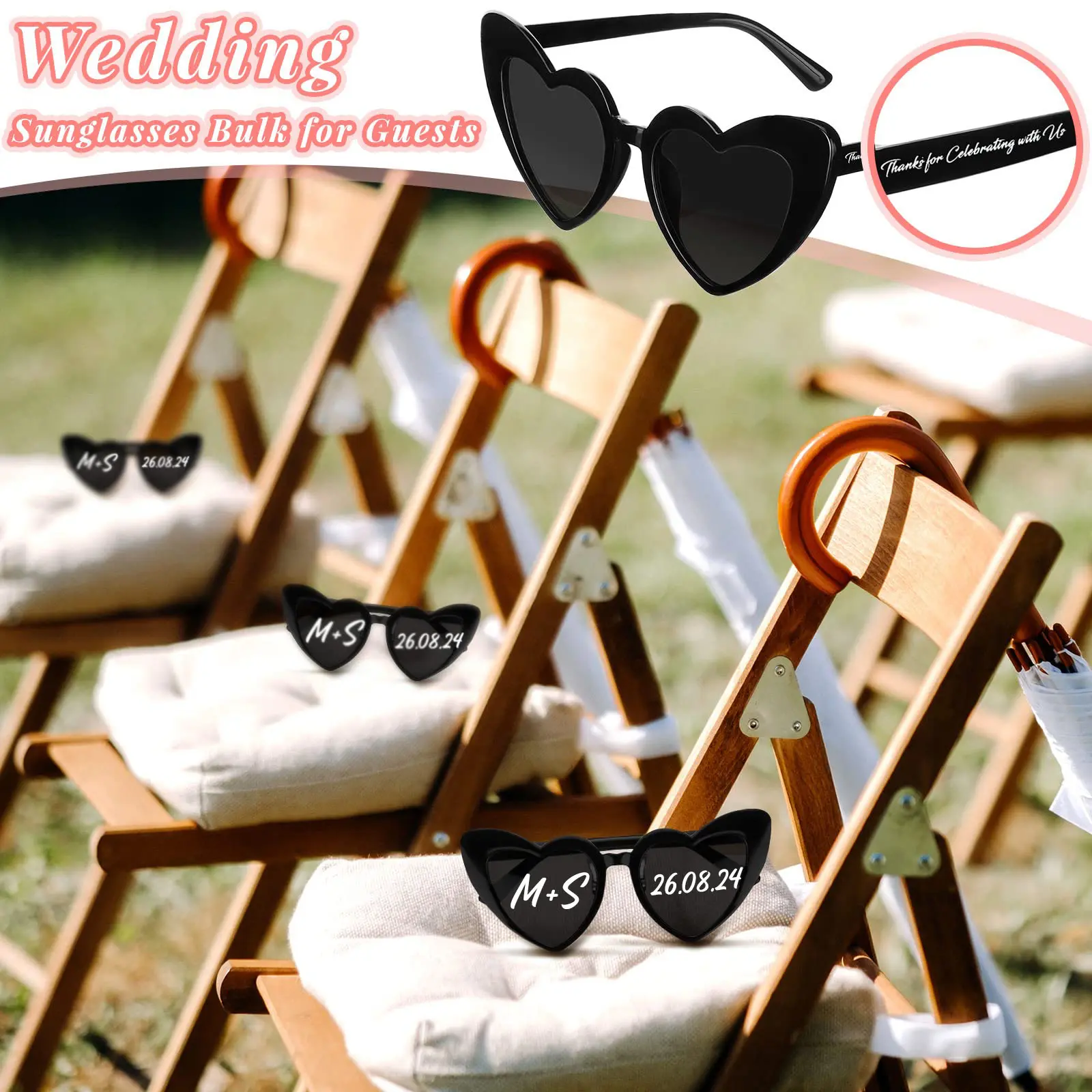 24-120Pcs Custom Heart Sunglasses Personalised Wedding Sunglasses Bridal Party Favors for Guest Wedding Date Initials Custom