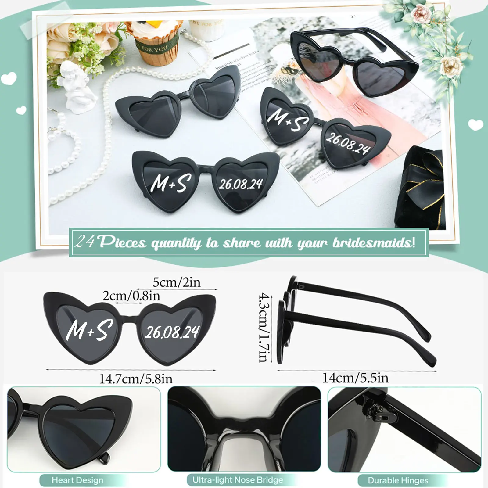 24-120Pcs Custom Heart Sunglasses Personalised Wedding Sunglasses Bridal Party Favors for Guest Wedding Date Initials Custom