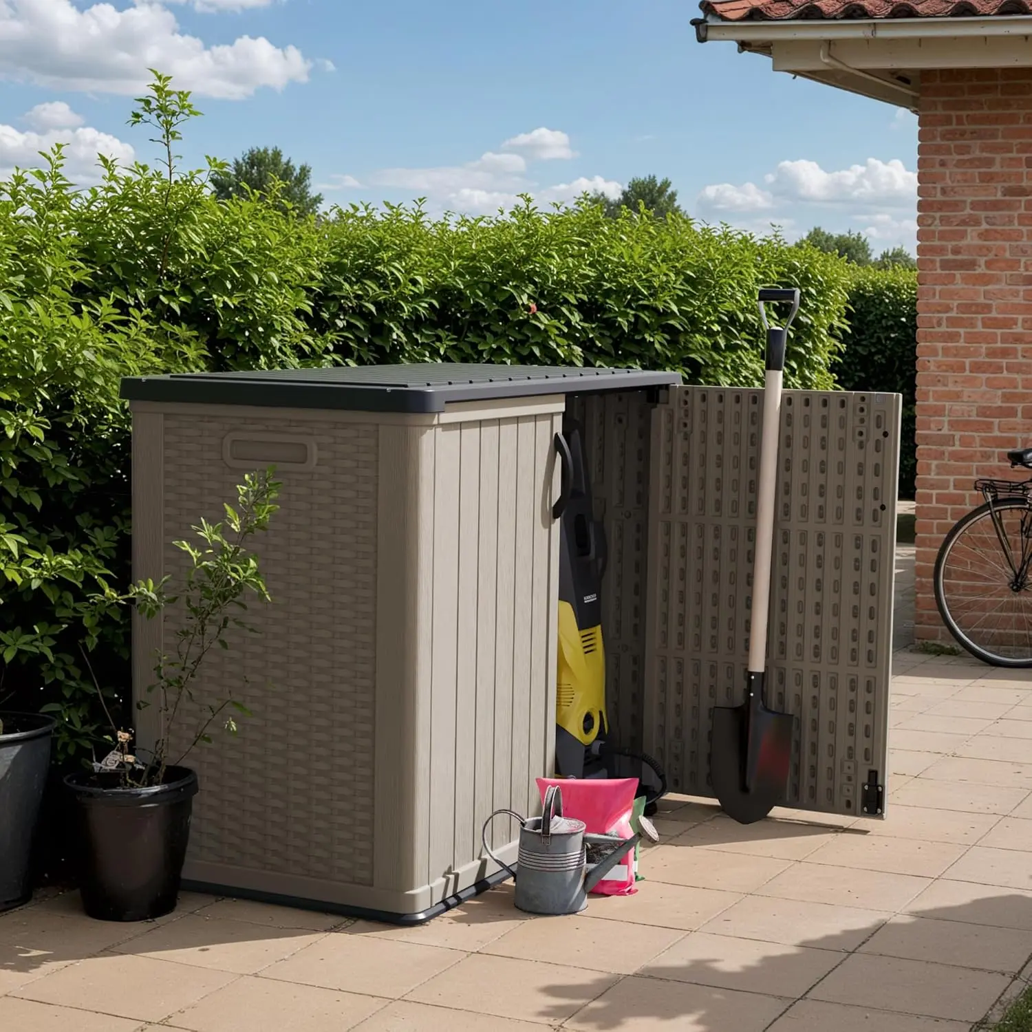 Outdoor Storage Cabinet 26 Cu Ft with Pad-Lockable Doors, Horizontal Storage Shed Waterproof Patio Tools Storage Box