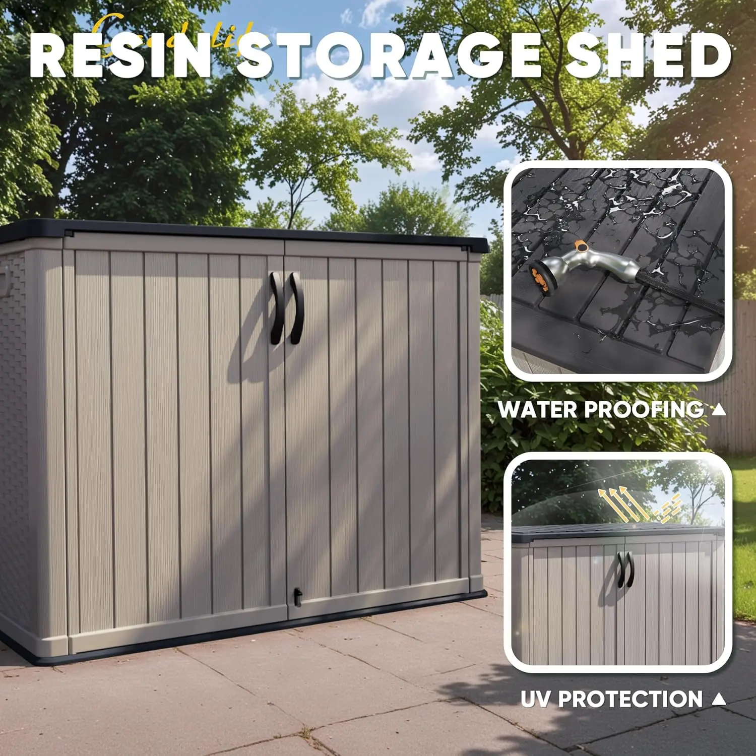 Outdoor Storage Cabinet 26 Cu Ft with Pad-Lockable Doors, Horizontal Storage Shed Waterproof Patio Tools Storage Box