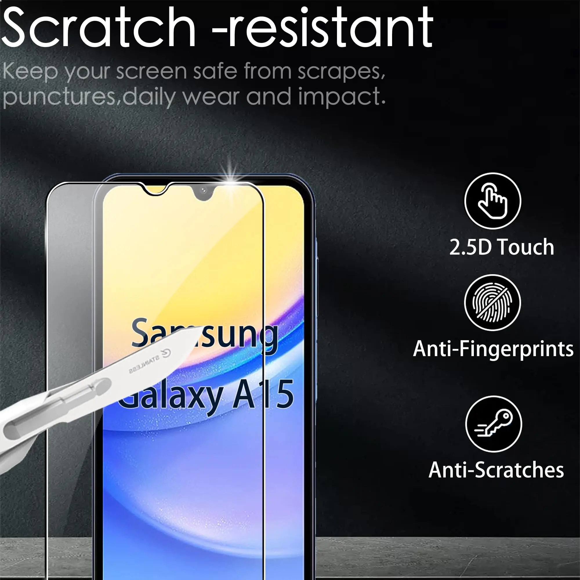 Screen Protector For Samsung Galaxy A15 4G 5G, Tempered Glass HD Crystal  9H Anti Scratch Case Friendly High Aluminum