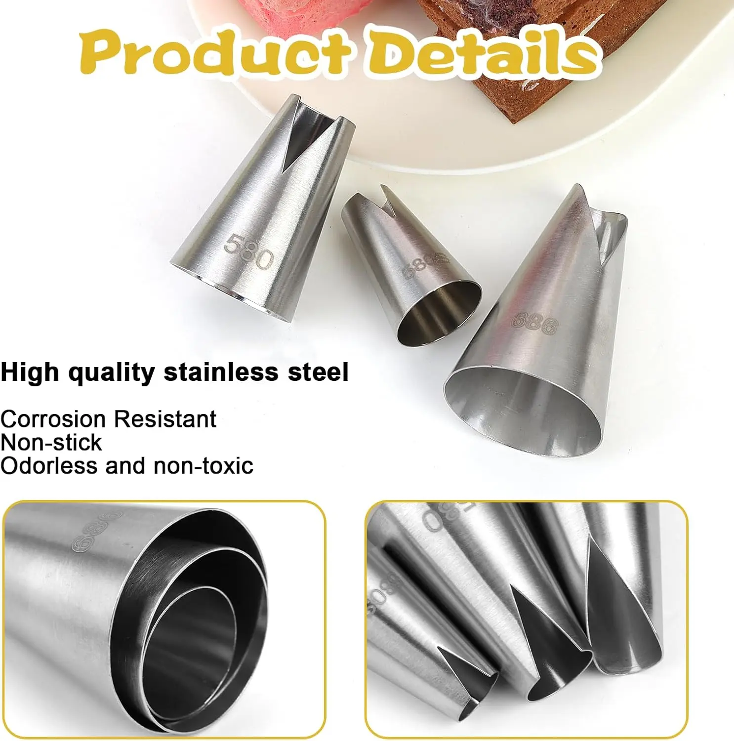 3 pcs Stainless Steel Russian Piping Tips Set V-Shaped Wave Nozzles for Pastry, Cupcakes, Cakes- asy to Use and Durable Kitchen