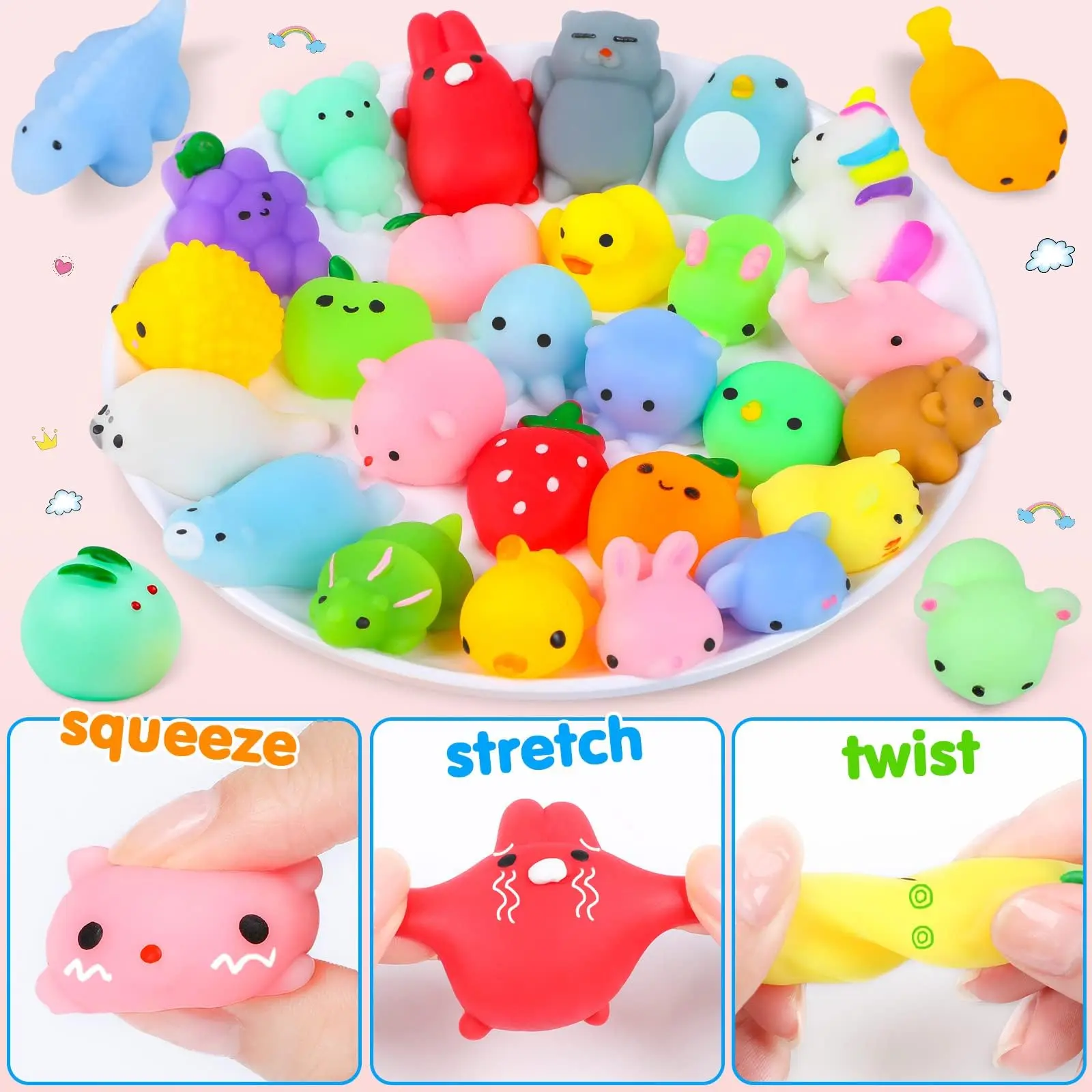24/36/48/60/72 pcs Mochi Squishy Toys, Kawaii Squishy Animals for Party Favors Classroom Prize Pinata Easter Fillers Fidget Toys
