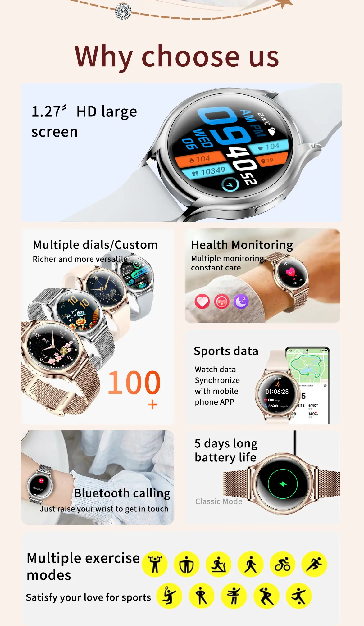 Smartwatch Women 1.27 Inch Bluetooth Call Smart Watch Custom Dial Watches Heart Rate Tracker Female physiology For Android IOS