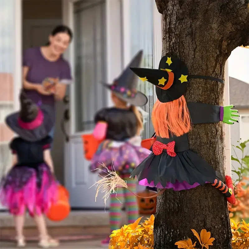 Halloween Orange Hair Witch Climbing Tree Decoration Halloween Theme Pendants Decor for Indoor Outdoor Office Decor