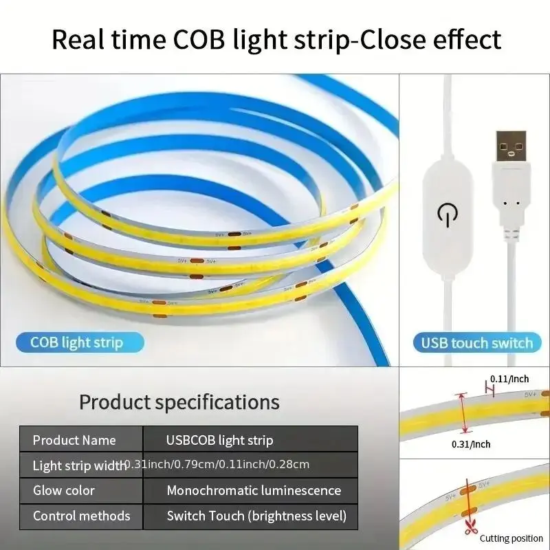 1m/2m/3m LED Lights Strip Waterproof 5V USB COB LED Strip Flexible Dimmable LED Strip Lights for Indoor and Outdoor Bedroom