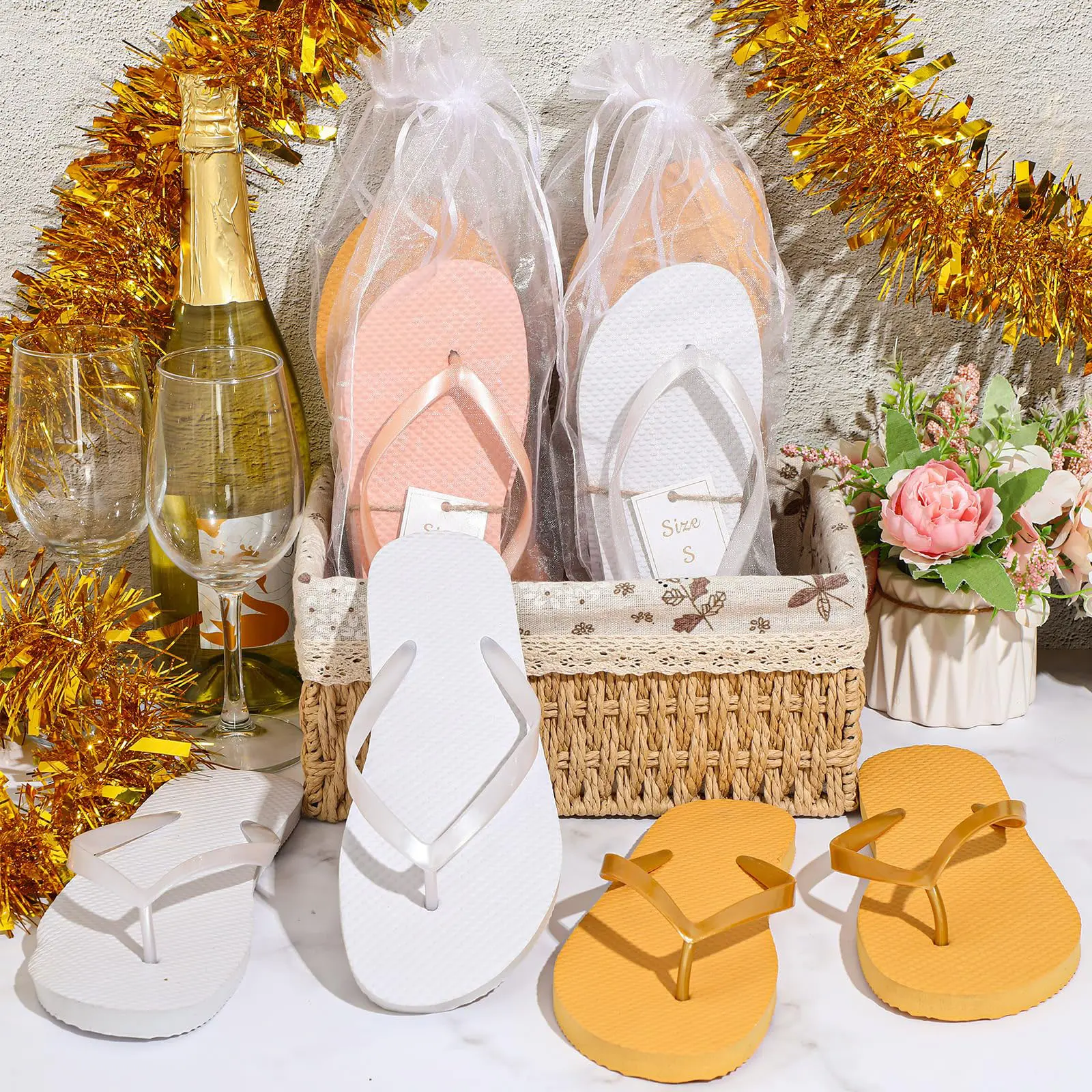 12-120 Pairs Wedding Flip Flops for Guests Bridesmaid Beach Sandals Spa Slippers with Size Cards Bride Party Favors for Wedding