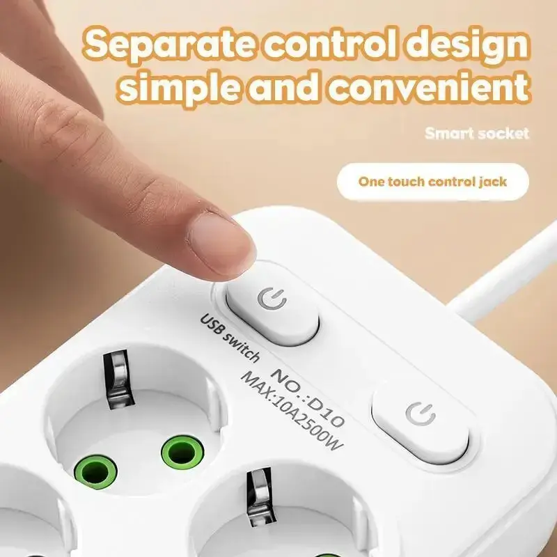Electrical Socket EU Plug 6AC Outlet Multitap Power Strip Extension Cord Smart USB Home Office Surge Protector Network Filter