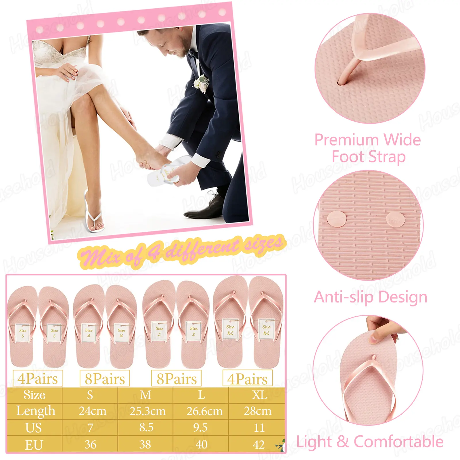 12-120 Pairs Wedding Flip Flops for Guests Bridesmaid Beach Sandals Spa Slippers with Size Cards Bride Party Favors for Wedding