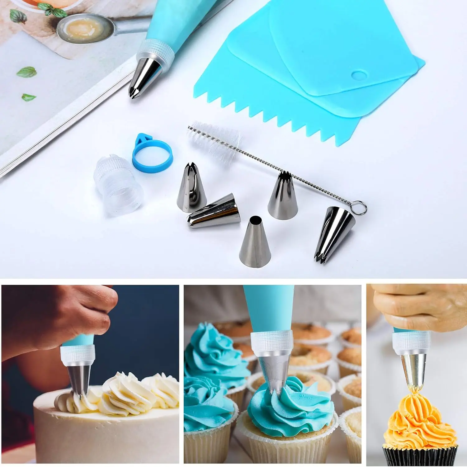 16PCS Stainless Steel Piping Nozzles Cake Decorating Kit-6 Piping Tips, 2 TPU Bags, Scrapers&Tools-Professional DIY Baking Tools