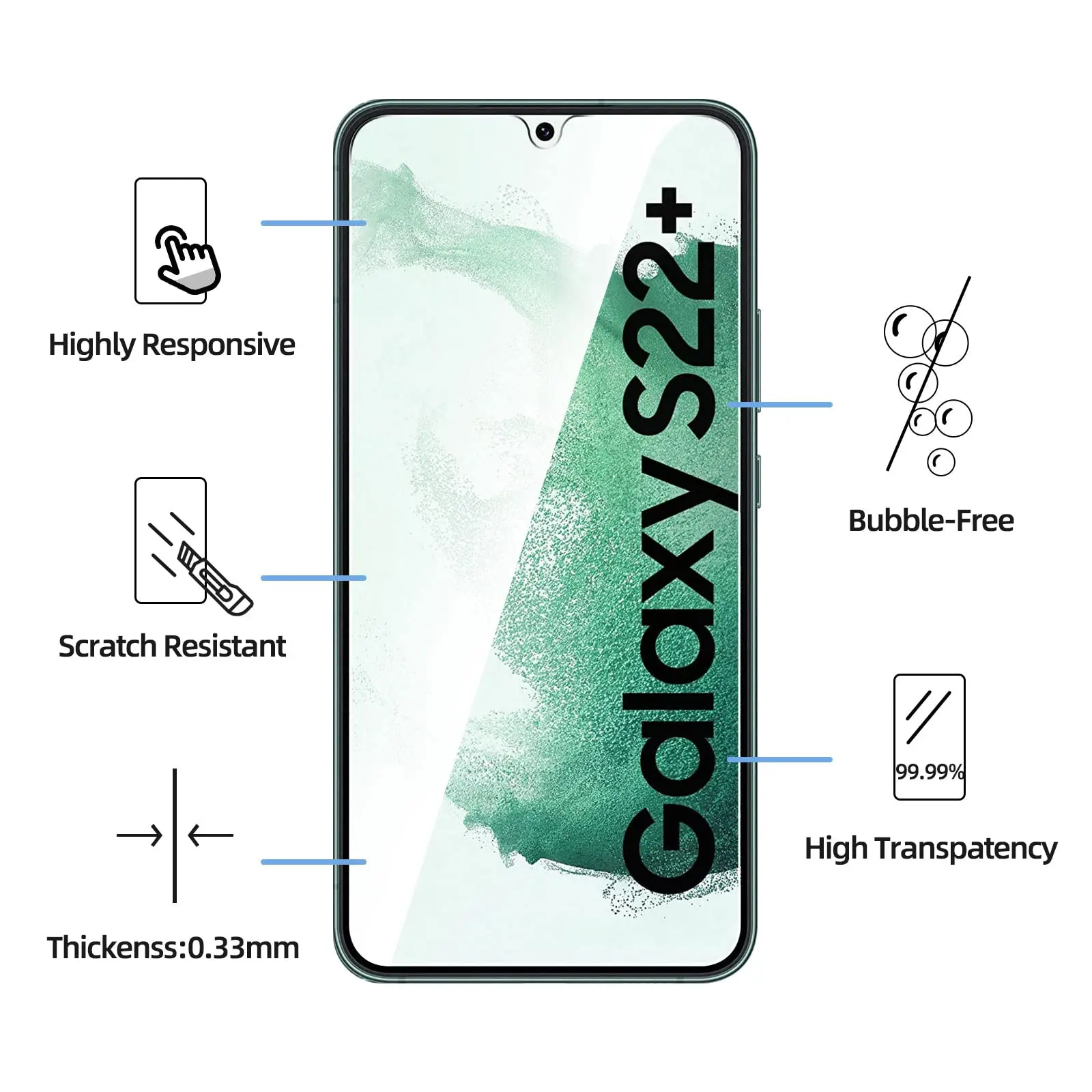 Screen Protector For Samsung Galaxy S22 Plus 6.6 inch Tempered Glass HD Crystal 9H High Aluminum Fingerprint Unlock