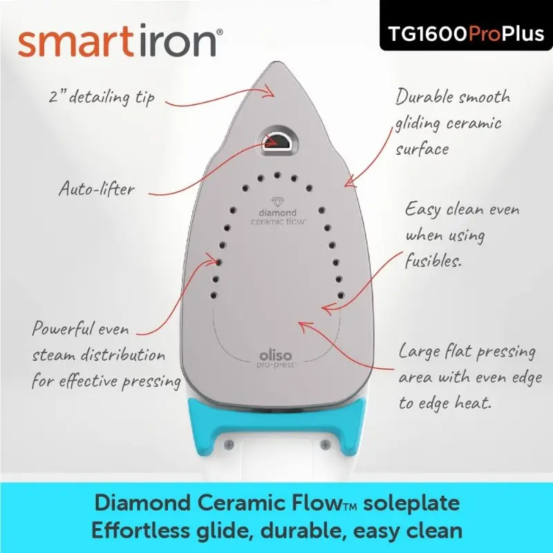 Oliso TG1600 Pro Plus 1800 Watt SmartIron with Auto Lift -for Clothes,Sewing,Quilting |Diamond Ceramic-Flow Soleplate Steam Iron