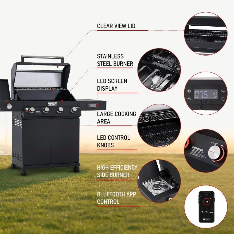 Monument Grills 4-Burner Liquid Propane Gas Smart bbq Grill Denali 425 with Smart technology, Side Burner and LED Controls