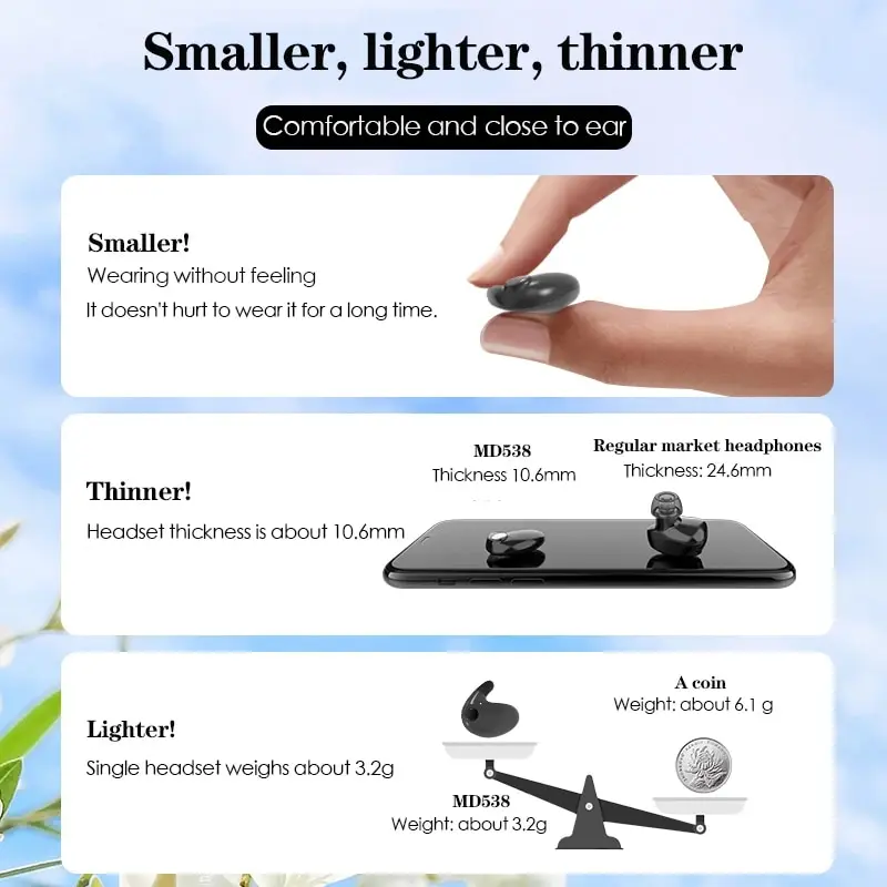 Invisible Sleep Wireless Earphone TWS Bluetooth 5.3 Headphones Hidden Earbuds IPX5 Waterproof Noise Reduction Sports Headset
