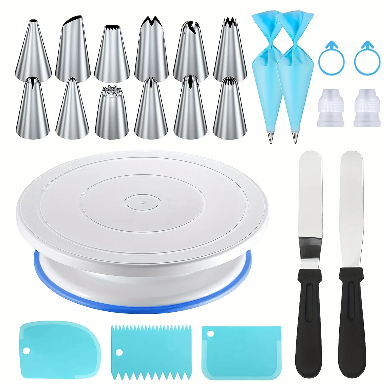 24-Piece Cake Decorating Set- Non-Slip Turntable with 12 Piping Tips,Scrapers&Tools for Professional Baking Tools Piping Nozzles