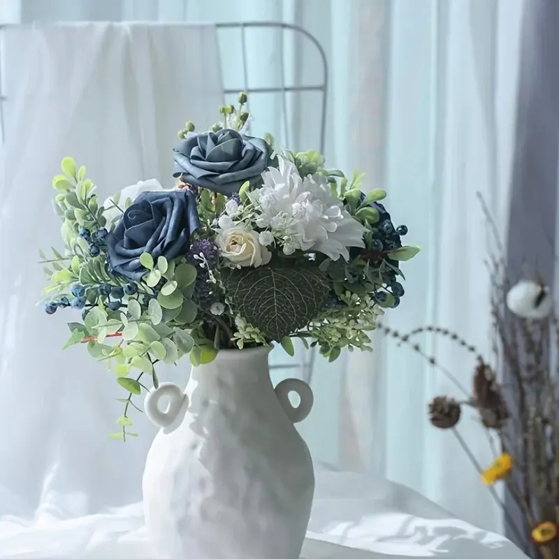 Artificial Flowers 25pcs Real Looking Dusty Blue Foam Fake Roses with Stems for DIY Wedding Bouquets Bridal Shower Floral Center