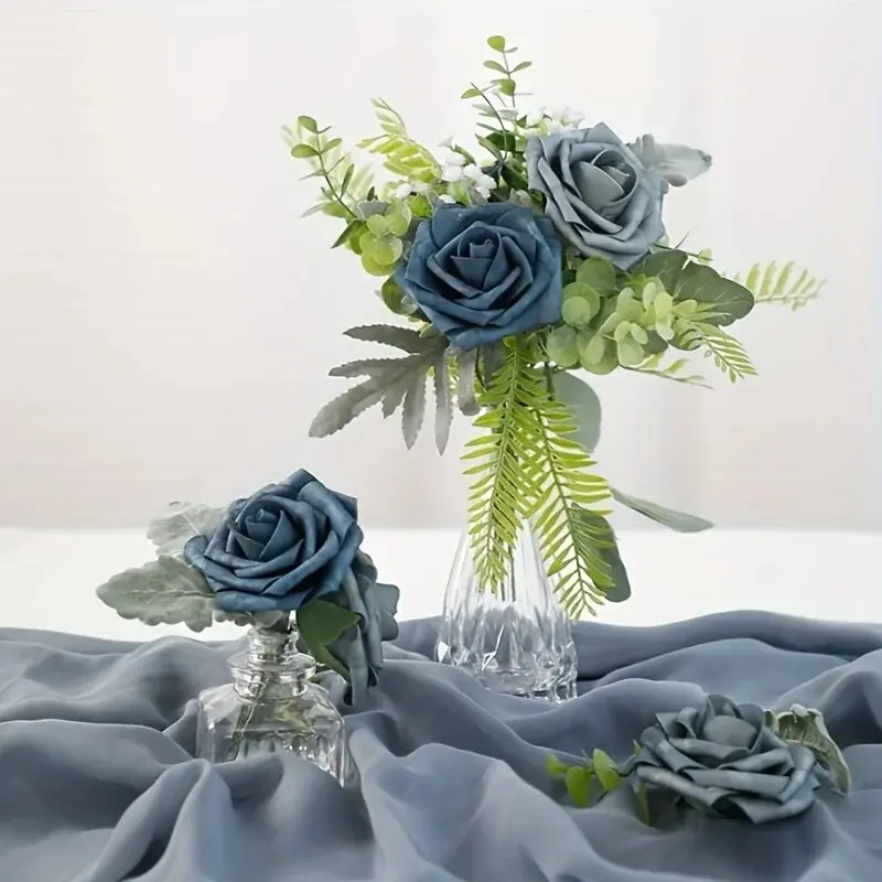 Artificial Flowers 25pcs Real Looking Dusty Blue Foam Fake Roses with Stems for DIY Wedding Bouquets Bridal Shower Floral Center