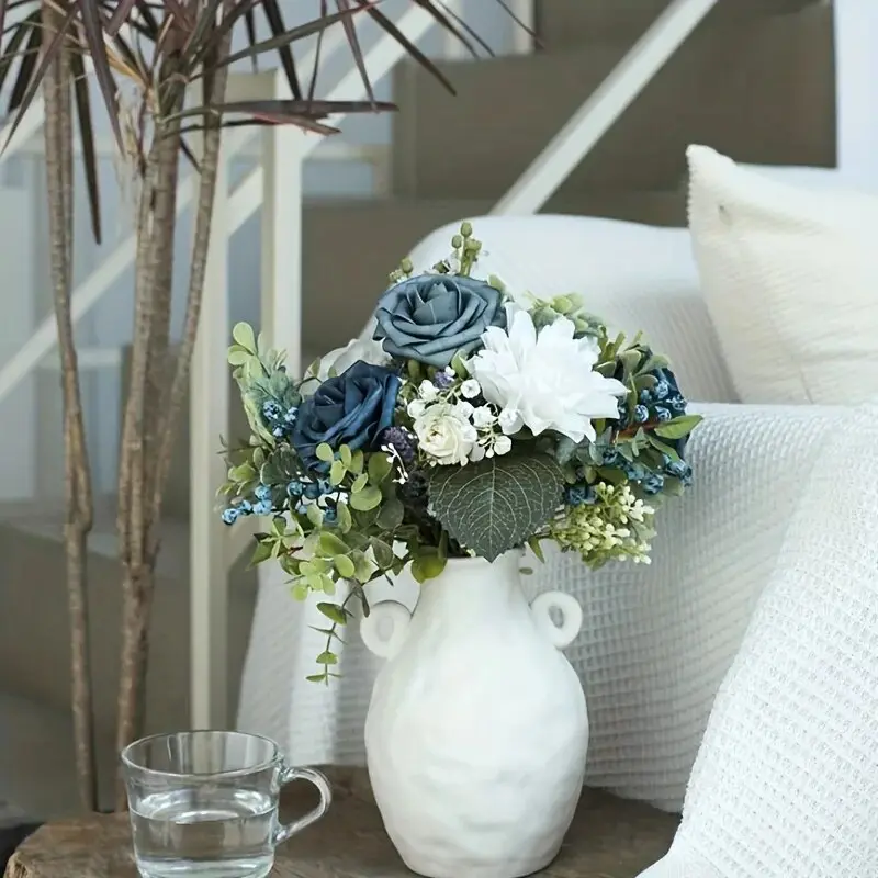 Artificial Flowers 25pcs Real Looking Dusty Blue Foam Fake Roses with Stems for DIY Wedding Bouquets Bridal Shower Floral Center