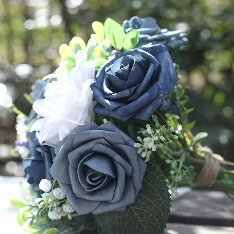 Artificial Flowers 25pcs Real Looking Dusty Blue Foam Fake Roses with Stems for DIY Wedding Bouquets Bridal Shower Floral Center