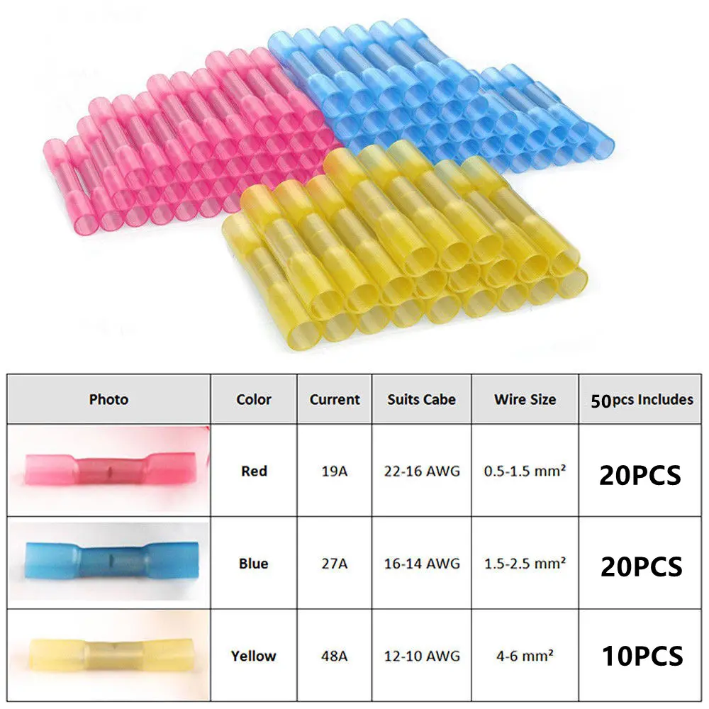 50pcs Waterproof Heat Shrink Wire Connectors Kit, Automotive Electrical Connector Terminals Kit Butt Splices Connector 22-10AWG