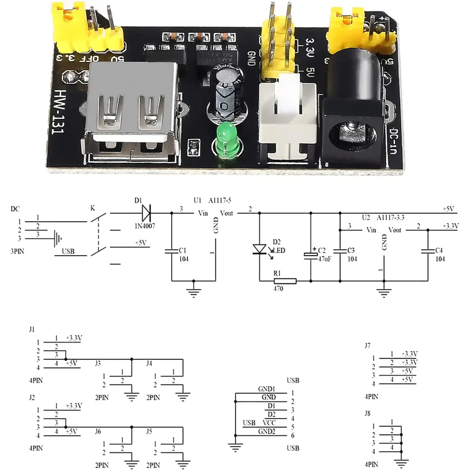 3sets 3.3V 5V MB102 Solderless Breadboard Power Supply Module with 9V Battery Clip Power Cable 2.1x 5.5mm Male DC Jack Plug