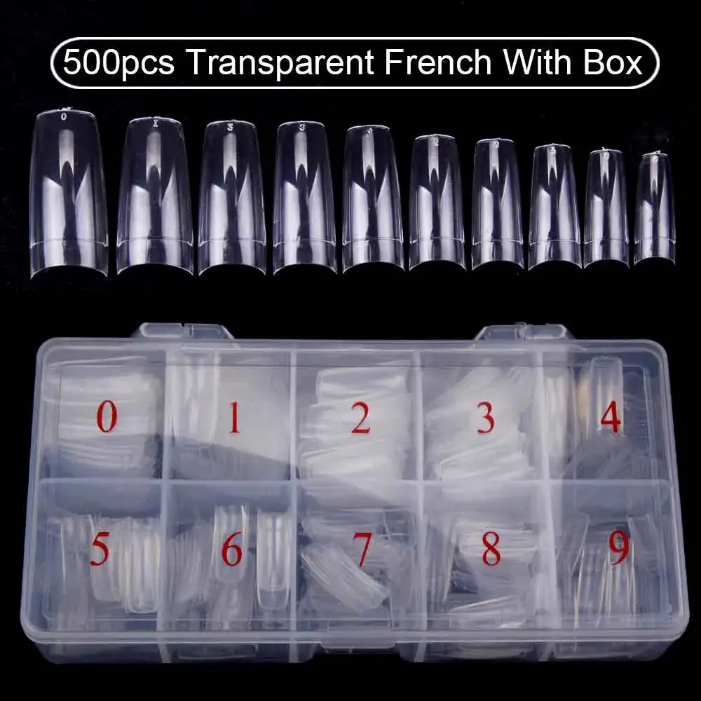 500pcs/Box Artificial Nail Tips Full Cover Nails Colored Nail Tips Acrylic Transparent Nail Capsules French Manicure False Nails