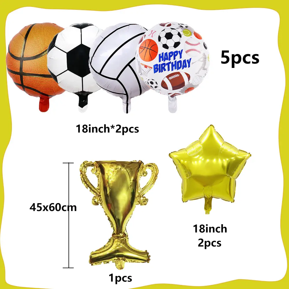 5pcs Gold Trophy Football Blue Ball Volleyball Sports Theme Party Celebration Birthday Decoration Balloon Set