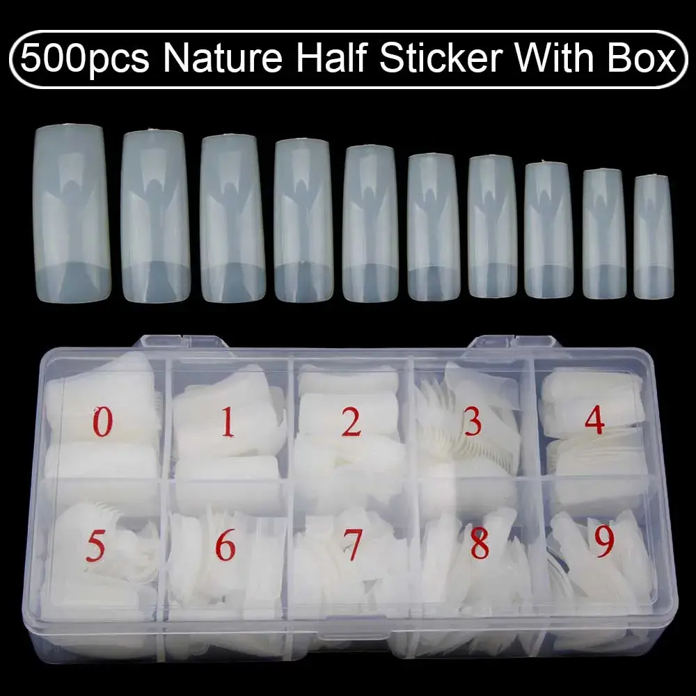 500pcs/Box Artificial Nail Tips Full Cover Nails Colored Nail Tips Acrylic Transparent Nail Capsules French Manicure False Nails
