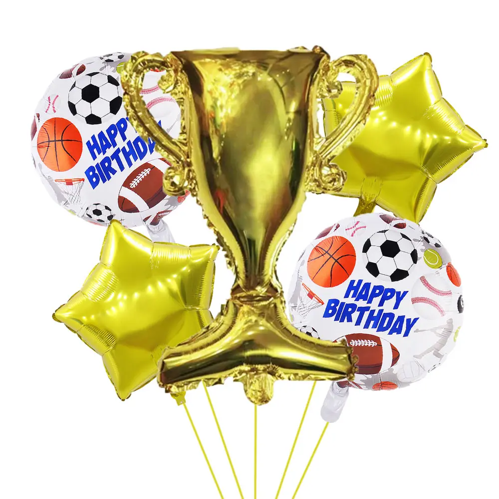 5pcs Gold Trophy Football Blue Ball Volleyball Sports Theme Party Celebration Birthday Decoration Balloon Set