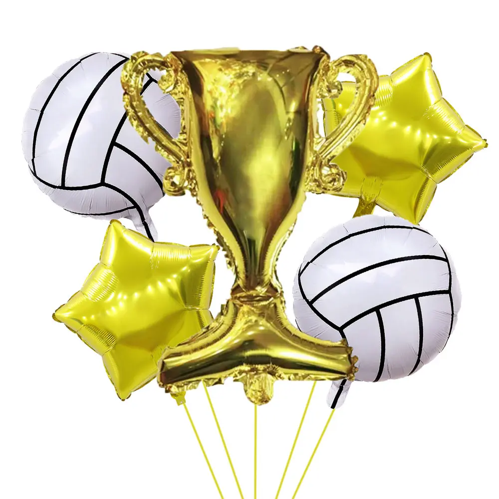5pcs Gold Trophy Football Blue Ball Volleyball Sports Theme Party Celebration Birthday Decoration Balloon Set