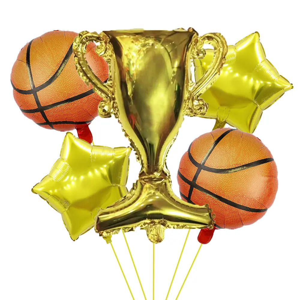 5pcs Gold Trophy Football Blue Ball Volleyball Sports Theme Party Celebration Birthday Decoration Balloon Set