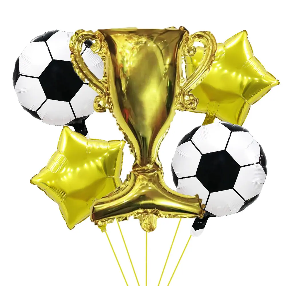 5pcs Gold Trophy Football Blue Ball Volleyball Sports Theme Party Celebration Birthday Decoration Balloon Set