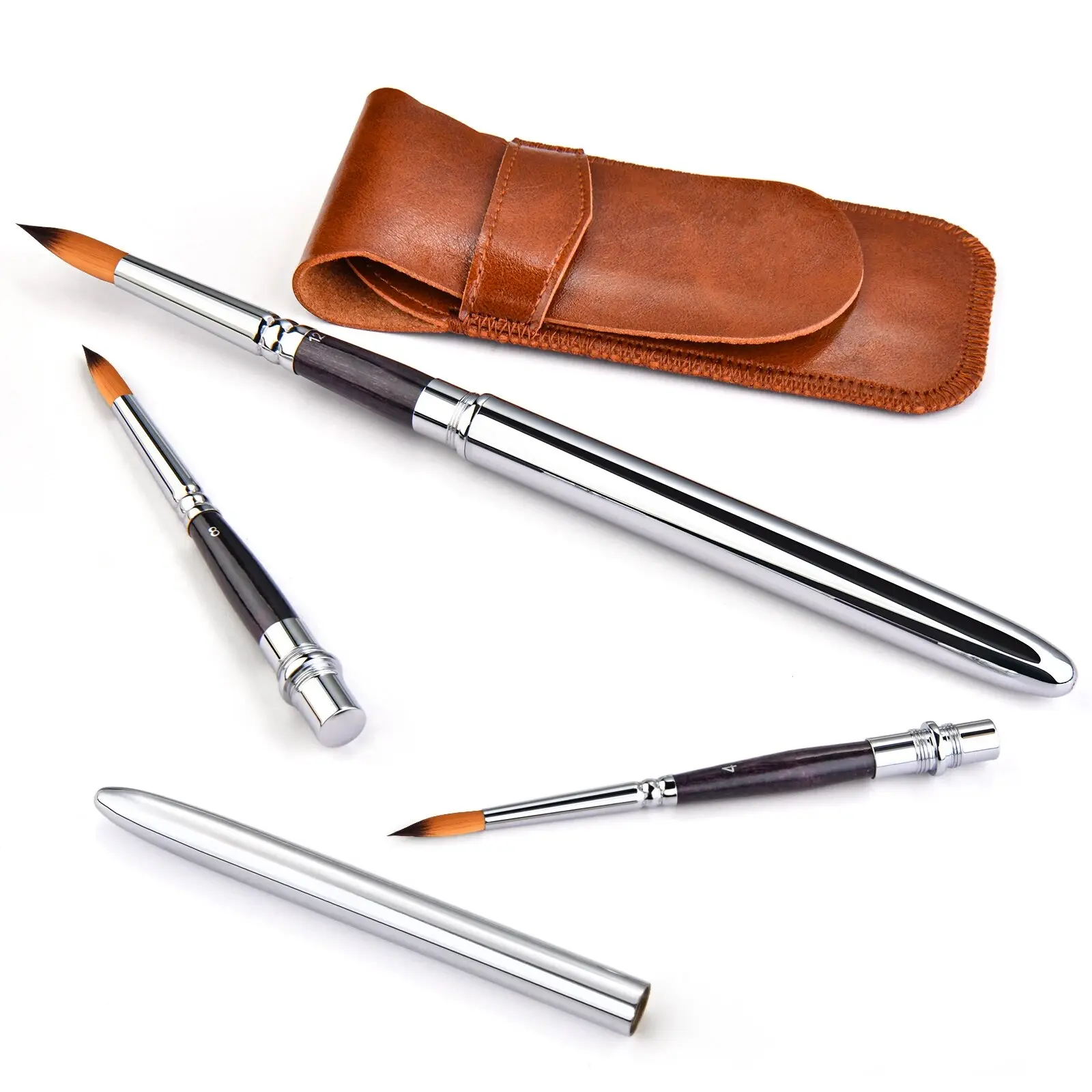 Travel Watercolor Brushes, Round Extra Long Synthetic Sable Pocket Paint Brushes with Protective Case Handle