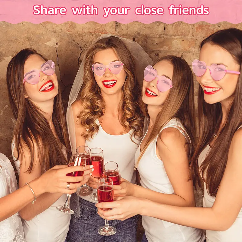 Love Heart Shape Sunglasses for Women Pink Rimless Glasses Transparent Party Sunglasses Bachelorette Wedding Gift for Guests