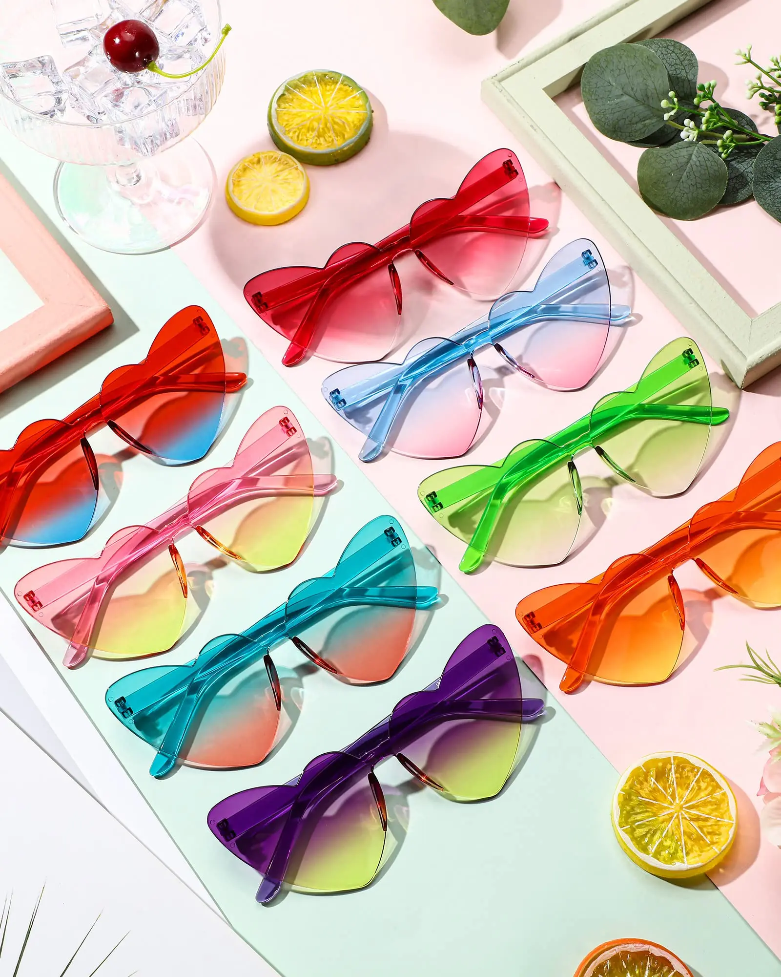 Love Heart Shape Sunglasses for Women Pink Rimless Glasses Transparent Party Sunglasses Bachelorette Wedding Gift for Guests