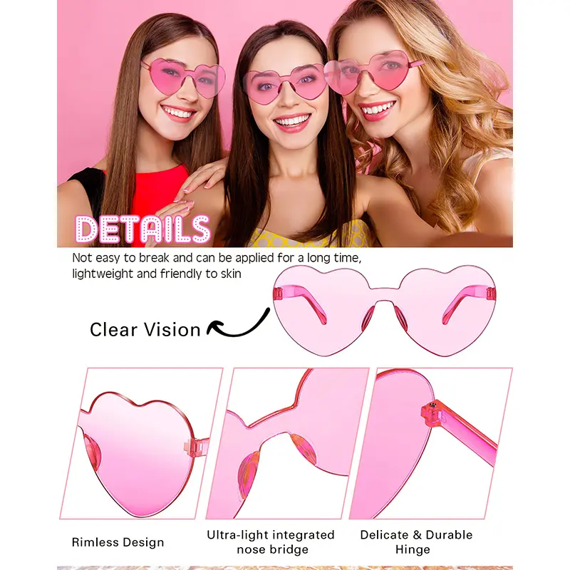 Love Heart Shape Sunglasses for Women Pink Rimless Glasses Transparent Party Sunglasses Bachelorette Wedding Gift for Guests