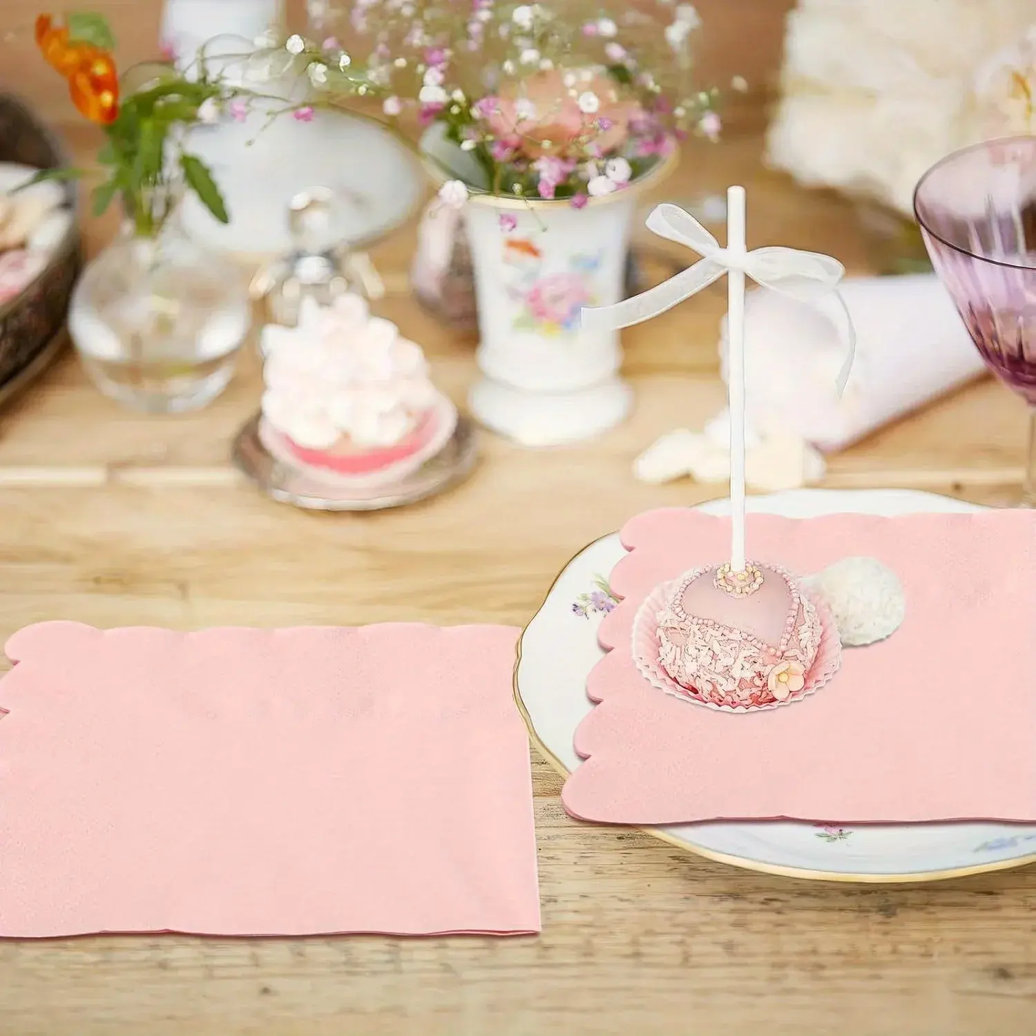 100 Pcs Cocktail Napkins, 2-Ply 5 x 5 Inches Disposable Scalloped Napkins, Thick Premium Dessert Napkins
