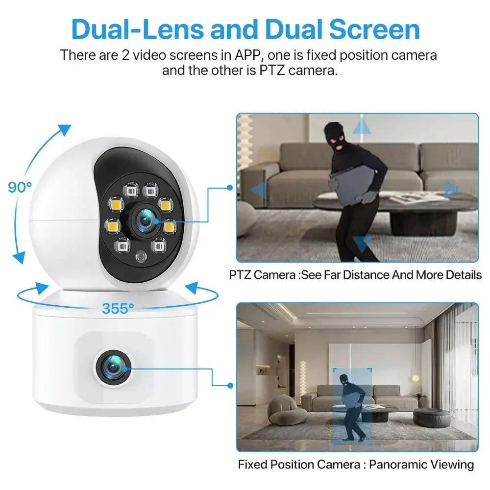 6MP Home Security Dual Lens IP Camera WiFi PTZ Auto Tracking CCTV Surveillance Baby Monitor iCsee Video For Smartphones