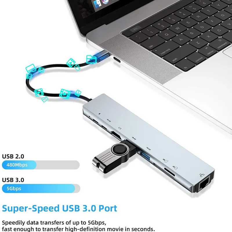 USB C Hub 8 In 1 Type C 3.1 To 4K HDMI Adapter with RJ45 SD/TF Card Reader PD Fast Charge for MacBook Notebook Laptop Computer