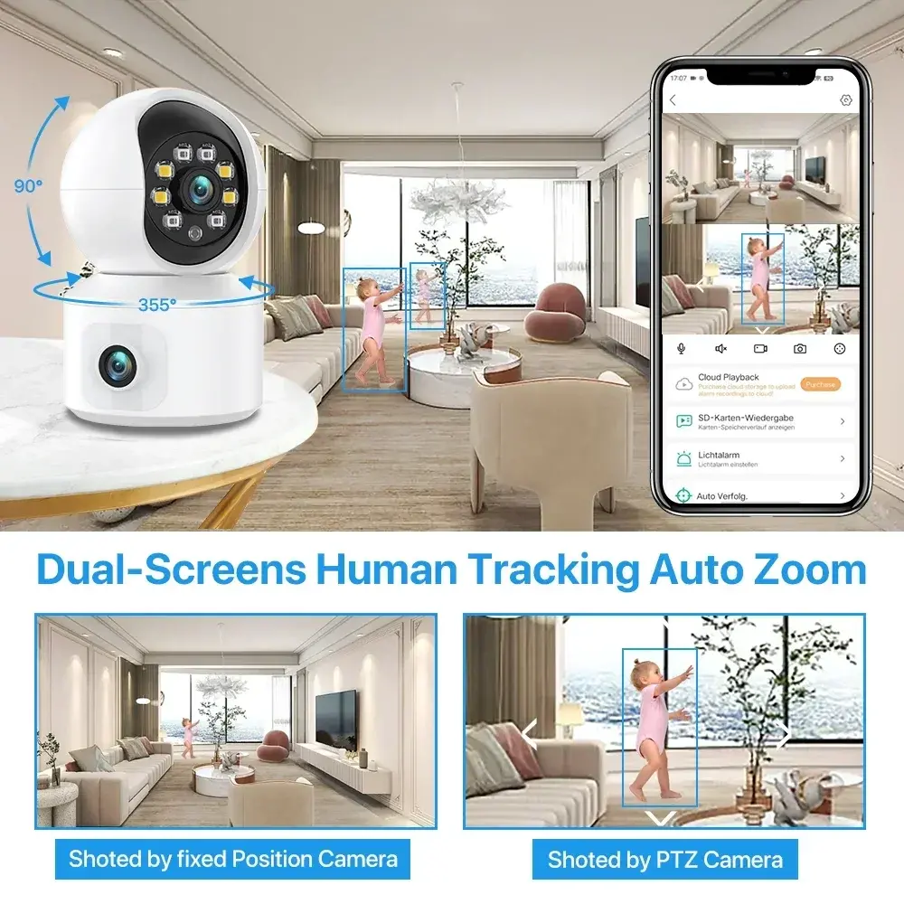 6MP Home Security Dual Lens IP Camera WiFi PTZ Auto Tracking CCTV Surveillance Baby Monitor iCsee Video For Smartphones