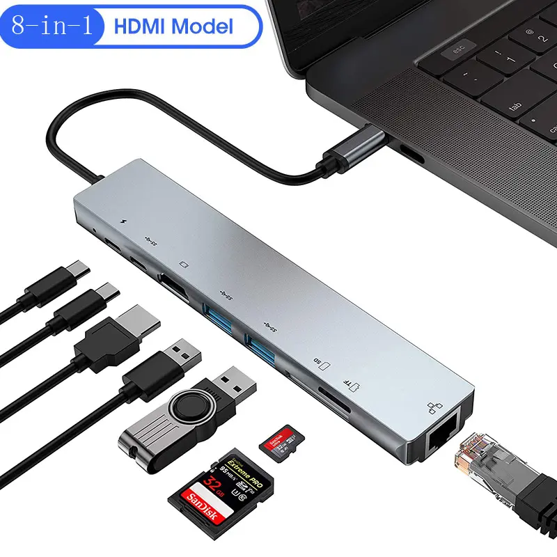 USB C Hub 8 In 1 Type C 3.1 To 4K HDMI Adapter with RJ45 SD/TF Card Reader PD Fast Charge for MacBook Notebook Laptop Computer