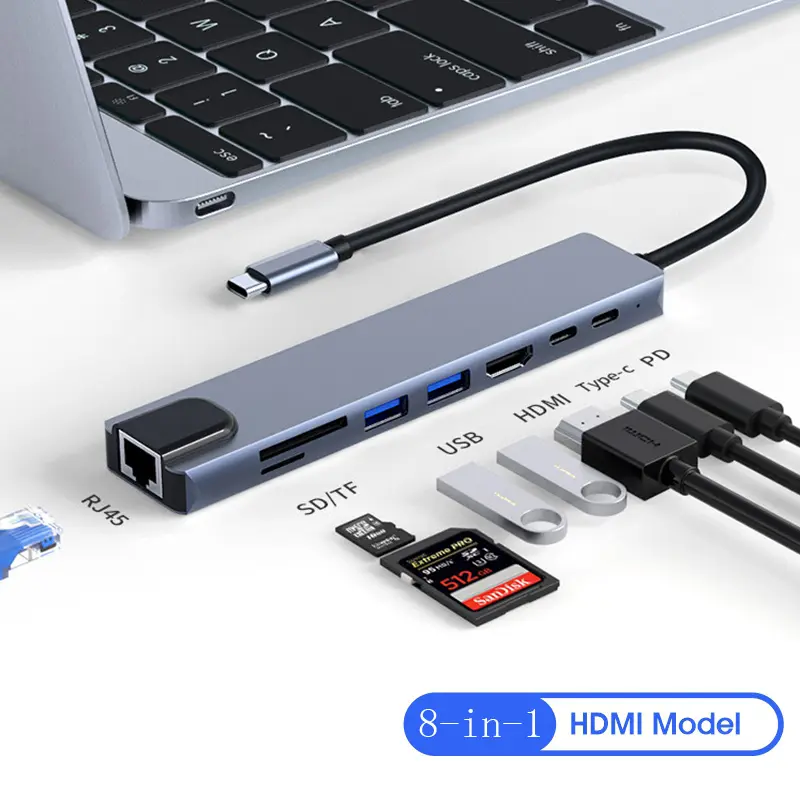USB C Hub 8 In 1 Type C 3.1 To 4K HDMI Adapter with RJ45 SD/TF Card Reader PD Fast Charge for MacBook Notebook Laptop Computer