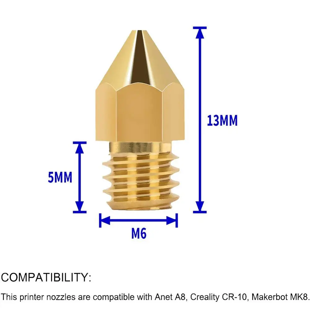 10/20 Pcs MK8 Brass Nozzle 0.2MM 0.3MM 0.4MM 0.5MM 0.6MM Extruder Head Nozzles For 1.75MM CR10 CR10S Ender-3 3D Printer Parts