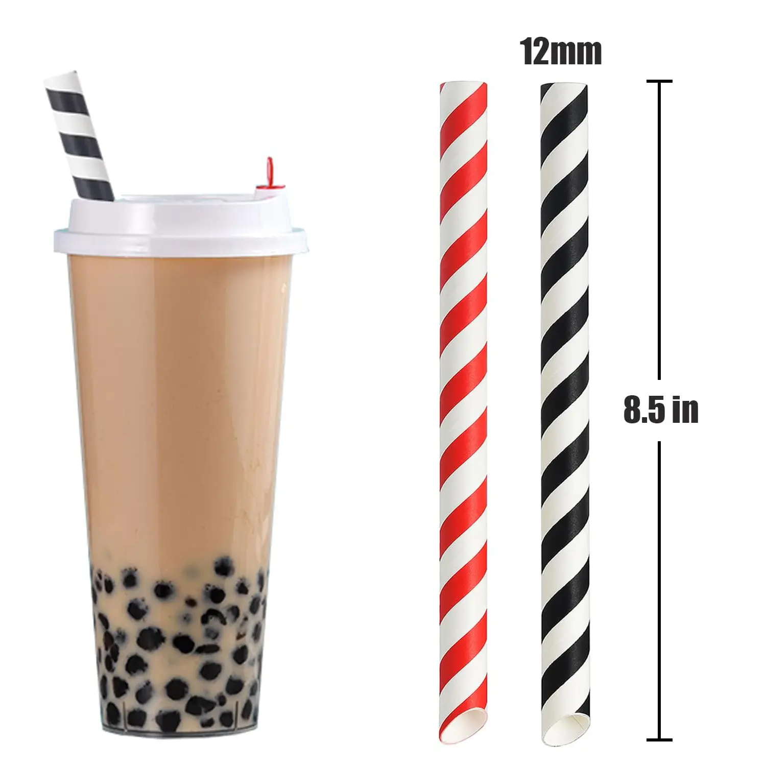 Paper Boba Straws, 4-Layer Heavy Duty, 12mm Extra Wide Biodegradable Striped Jumbo Smoothie Straws for Bubble Tea, Pack of 50