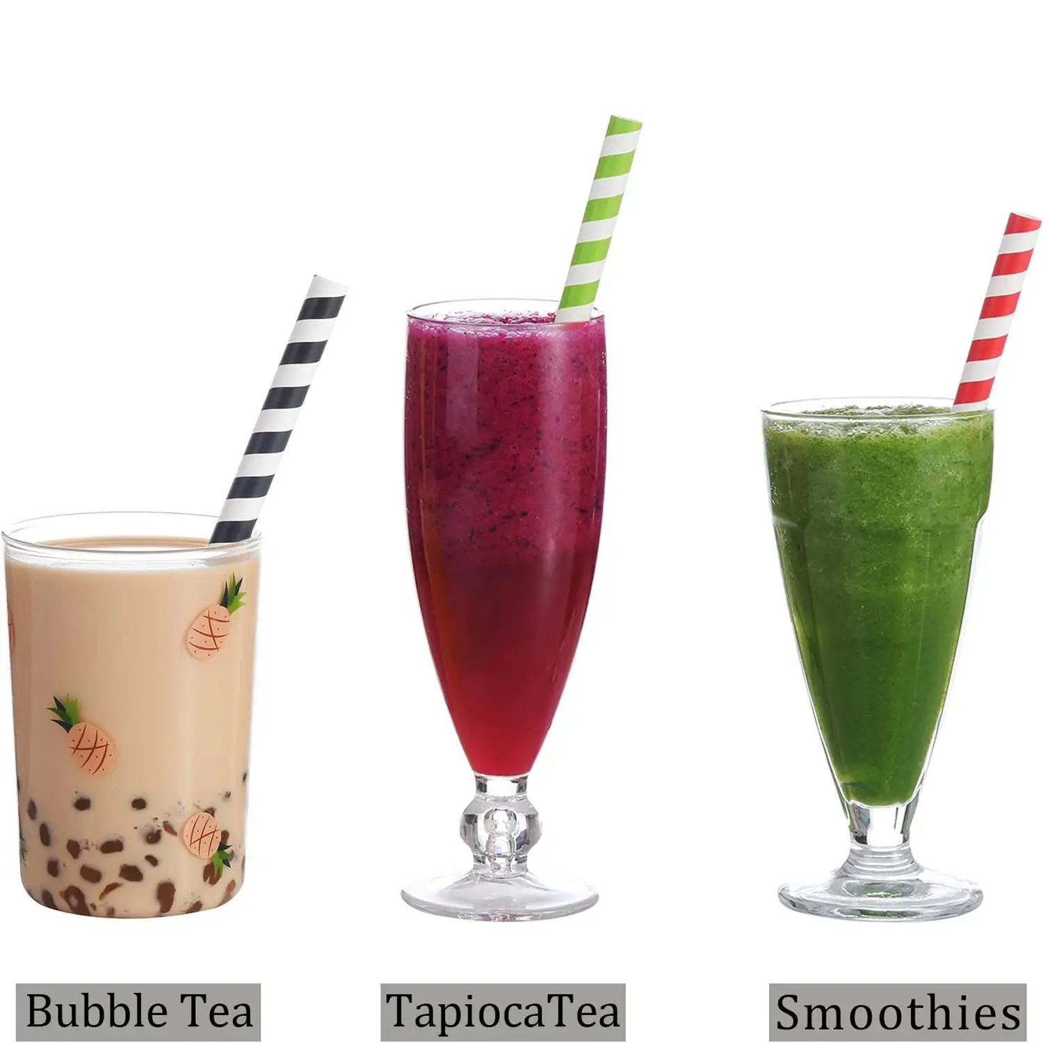 Paper Boba Straws, 4-Layer Heavy Duty, 12mm Extra Wide Biodegradable Striped Jumbo Smoothie Straws for Bubble Tea, Pack of 50