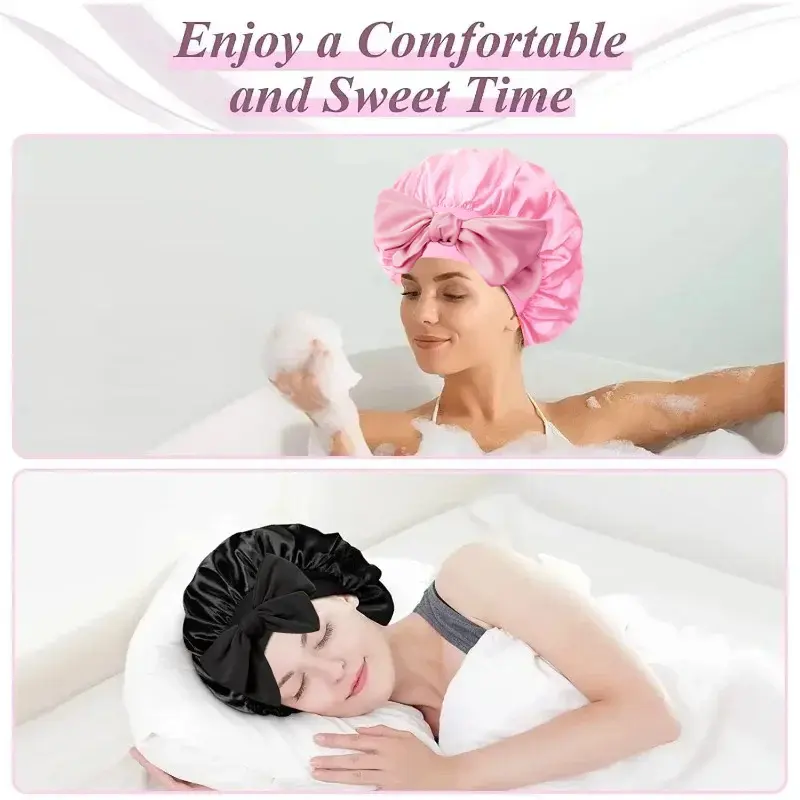 Women Satin Stretchy Tie Band Elastic Bonnet Solid Sleeping Hat Night Shower Cap Adjustable Hair Head Cover Bonnet for Women